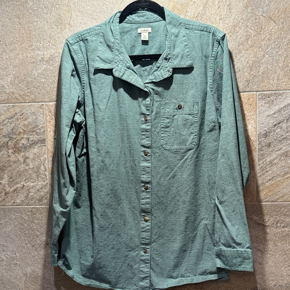 Llbean green button down